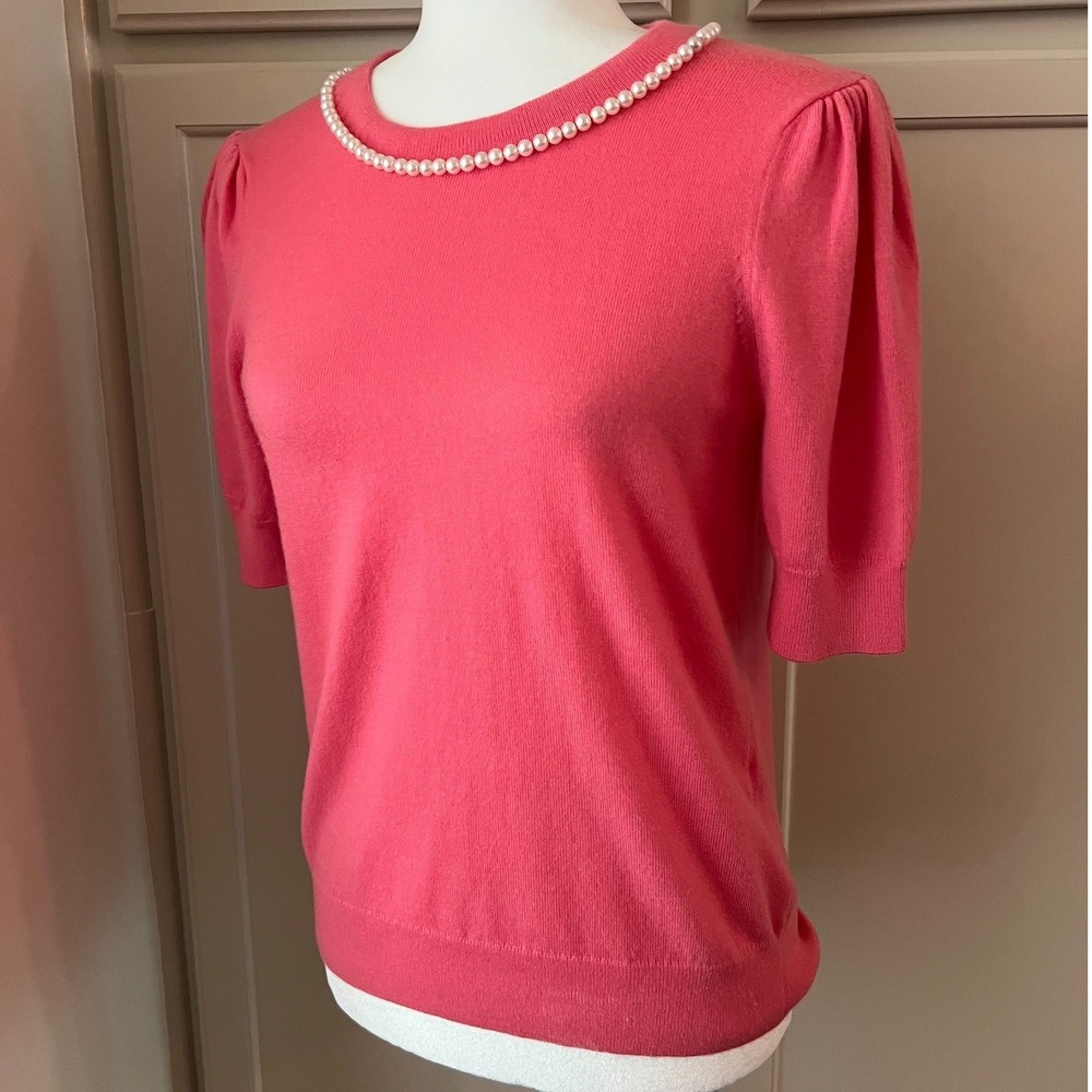 Kate Spade Pink Wool Blend Pearl Embellished Puff Sleeve Sweater Small